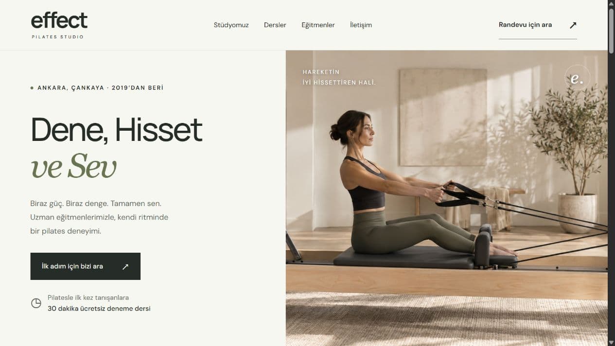Effect Pilates Studio web sitesinin ana sayfa tasarımı